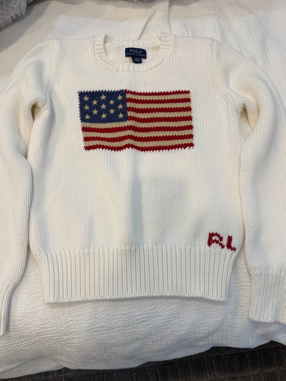 Ralph Lauren Cream Knit Sweater with American Flag and Red RL Monogram